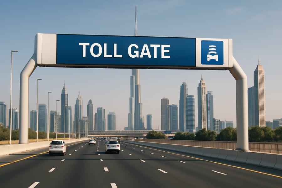 Modern Dubai highway with electronic toll gate