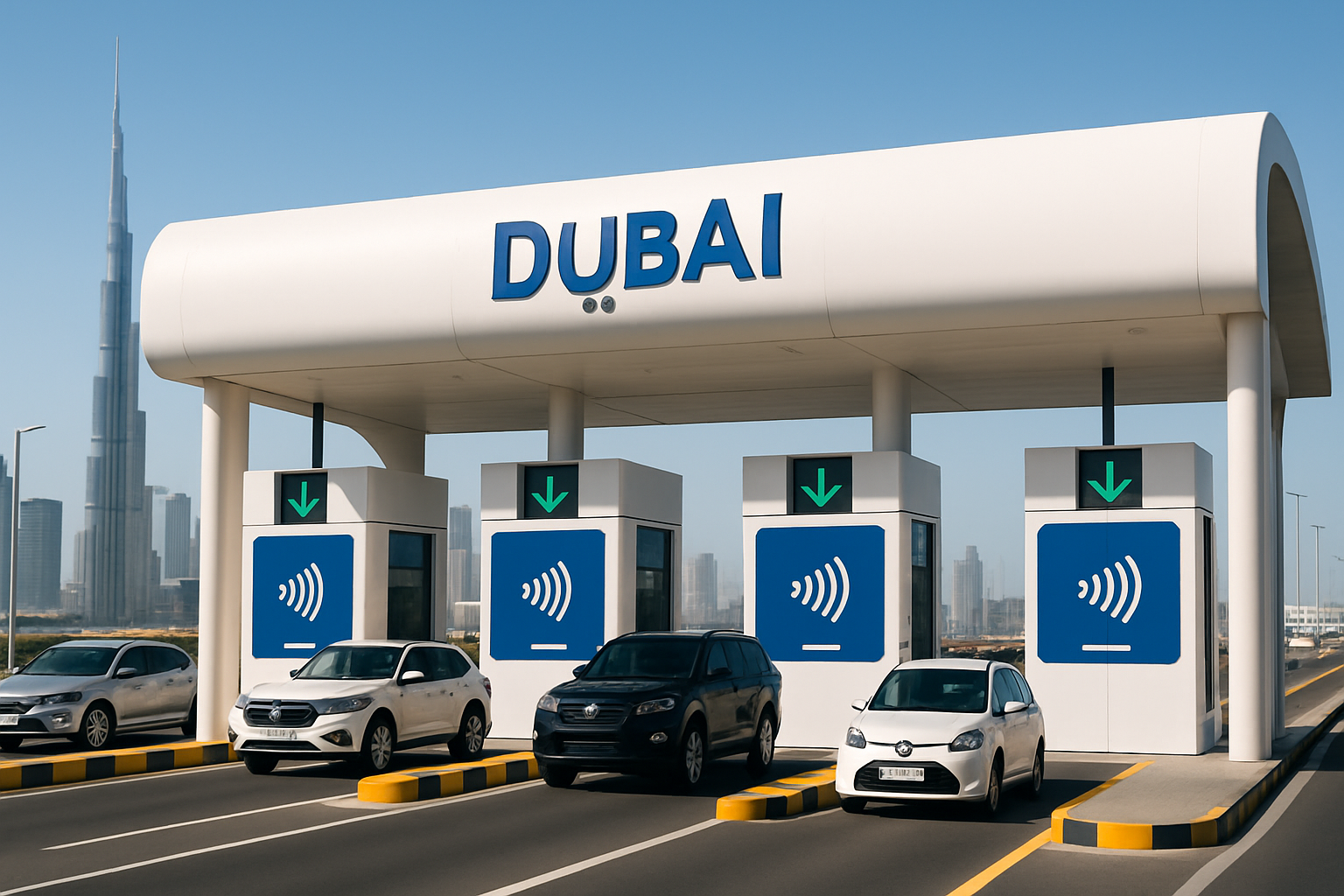 Modern toll gate in Dubai with advanced electronic payment systems