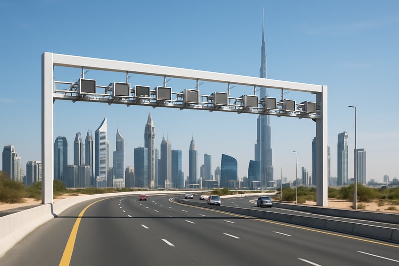 Modern toll road system in Dubai with electronic gantries and city skyline