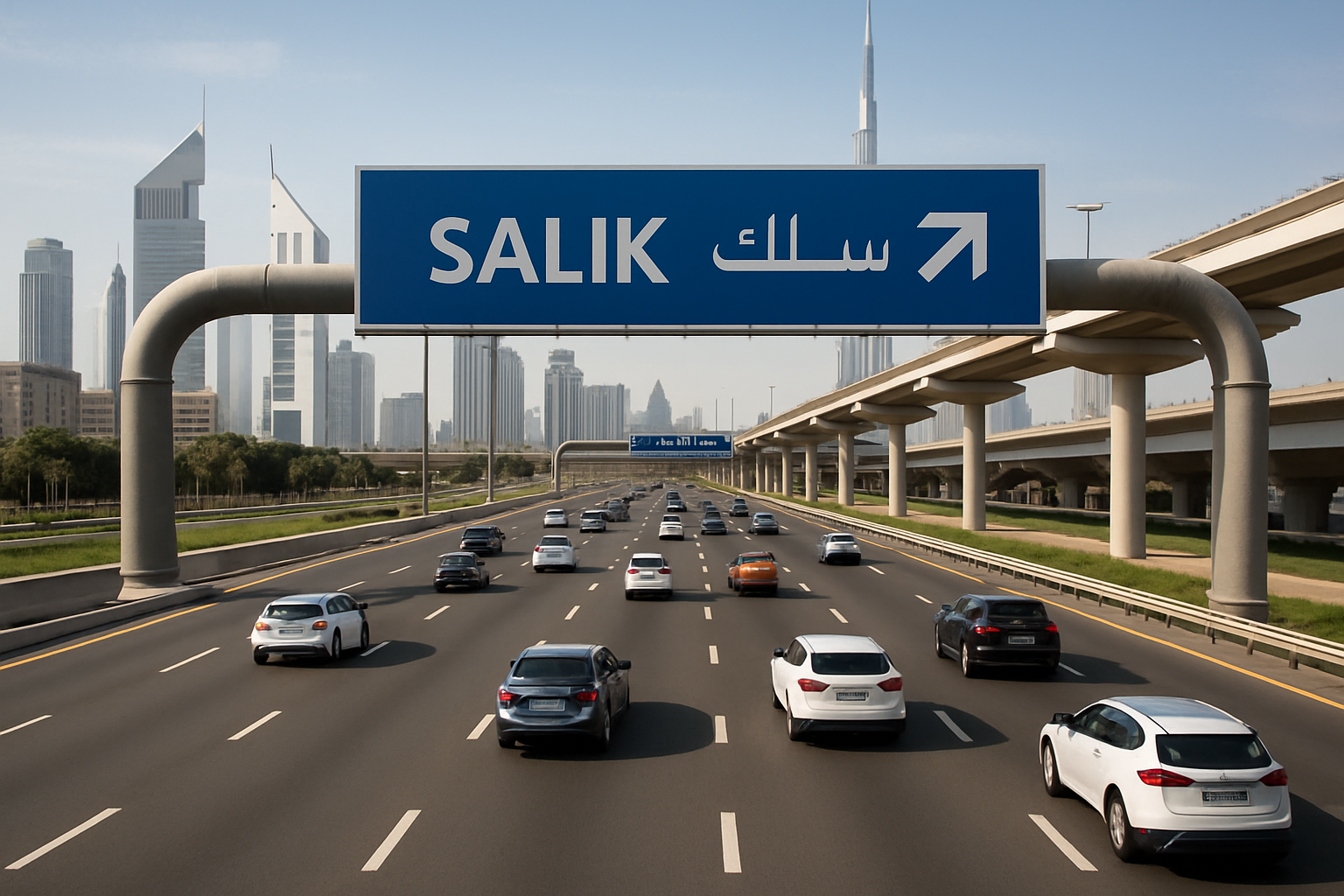 Smooth-flowing traffic on a Dubai highway managed by toll systems